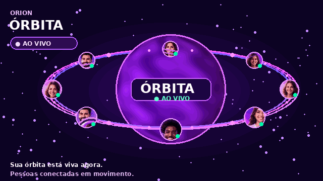 ORION Órbita: planeta roxo girando com contatos fictícios orbitando ao redor